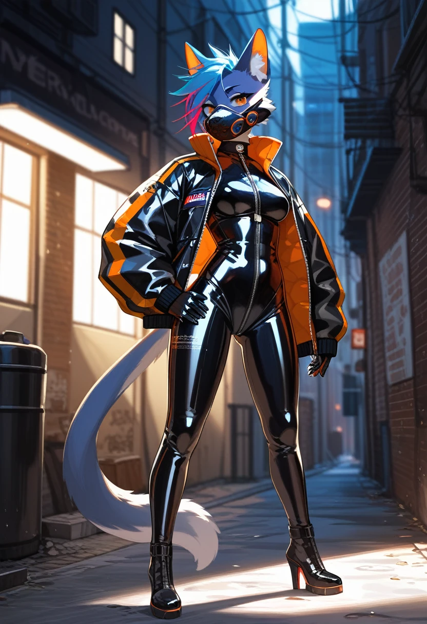 animation, Highest quality, Highest quality, High quality illustrations, masterpiece, Ultra-high resolution, Detailed Background, Alley, Absurd, Perfect Anatomy, performance, Good lighting, Shadows in the movies(kemono, Furry Personifi猫ion), Rubber suit, latex, neon, neonライト, neonカラー, Bodysuits, Cyber Suit, Leather Half Jacket, cyber punk, Rubber mask