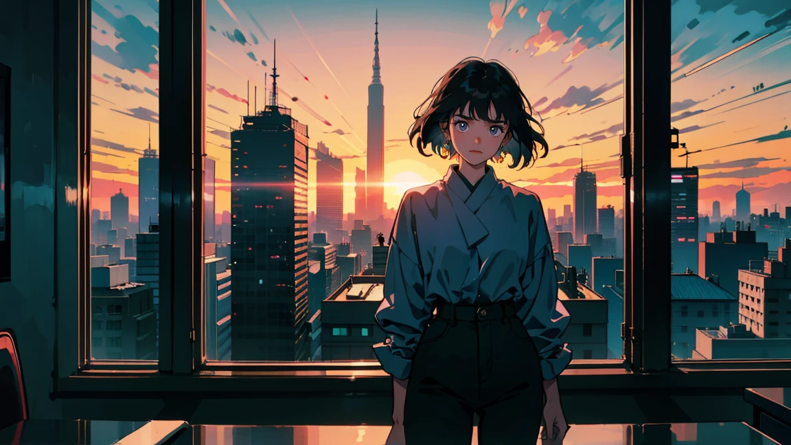 Beautiful Asian woman standing in the office at night, City night view from the window, Perfect Face, White Taylormade, Melancholy, Neon Black, (Backlight: 1.1), A scene from a movie, Hard Shadows, masterpiece, Highest quality, Complex, Model shooting style, Vintage, Film Grain, Blue tones