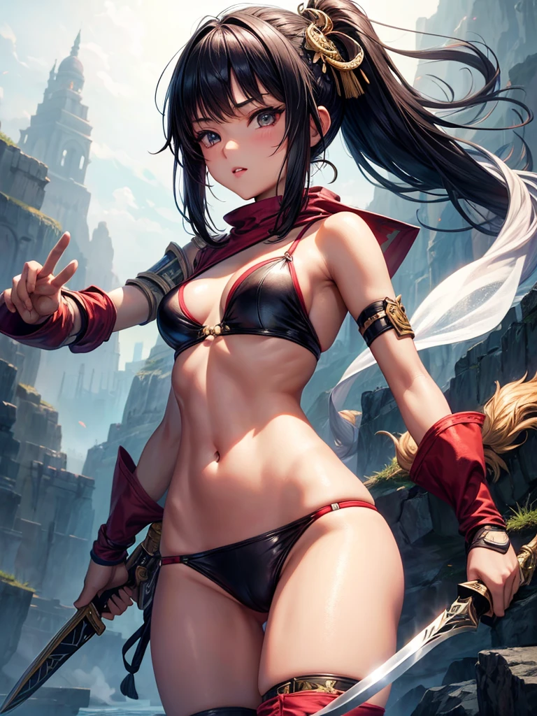 Beautiful Asian girl, 18 years old, light bikini assassin girls, sexy lady, medium breasts, camel toe, small blade in hand,