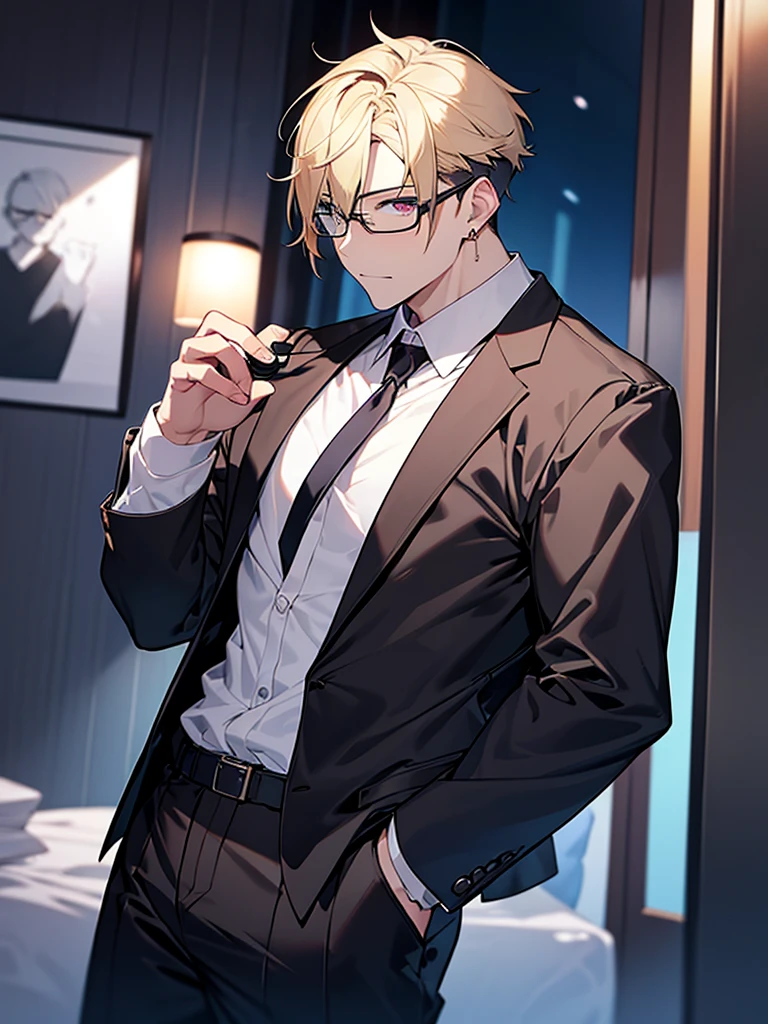 Portrait Shot。Have a professional camera:1.9、Villain、modern、night、Apartment room、He has a bad appearance、Black-rimmed glasses、Dark circles under the eyes:1.3,Lean and muscular、Short cropped hair、Blonde、Guess、White shirt、