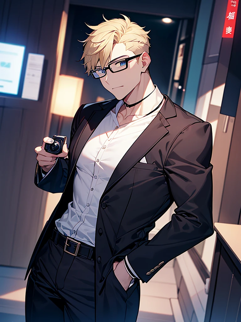 Portrait Shot。Have a professional camera:1.9、Villain、modern、night、Apartment room、He has a bad appearance、Black-rimmed glasses、Dark circles under the eyes:1.3,Lean and muscular、Short cropped hair、Blonde、Guess、White shirt、