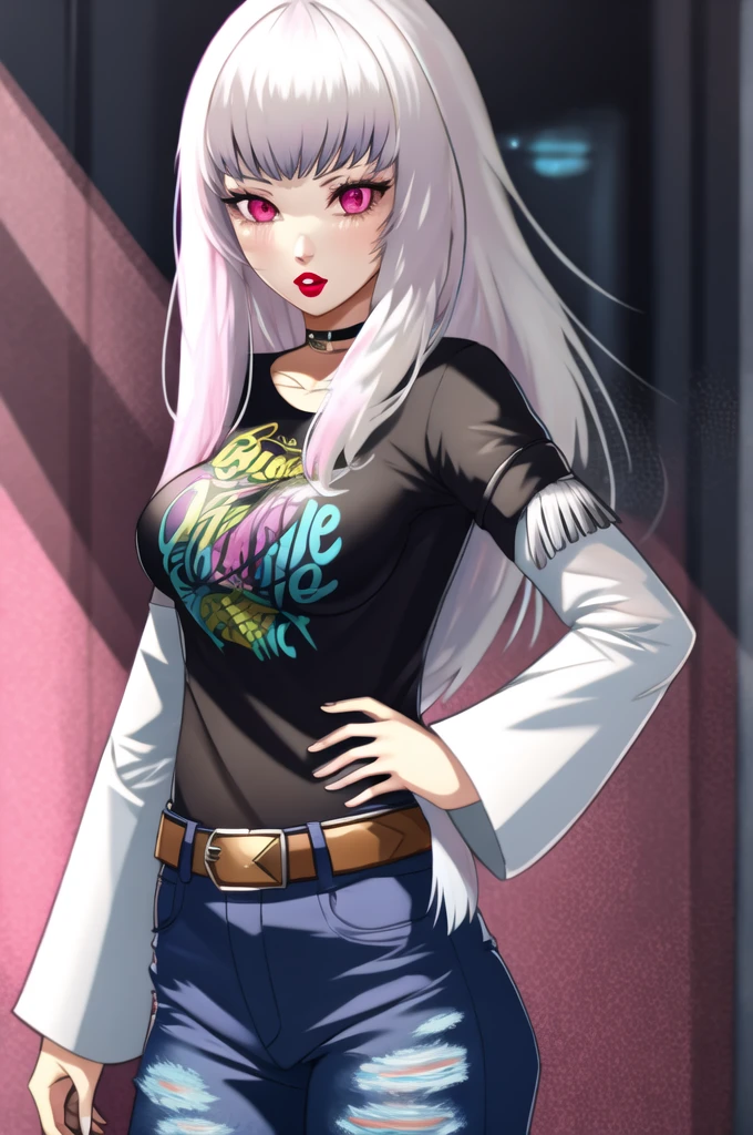 (masterpiece:1.2), best quality, high resolution, 1girl, solo, lysithea, white hair, pink eyes, 1girl, solo, black t-shirt, white shirt, blue jeans, belt, lipstick, large breasts, layered sleeves