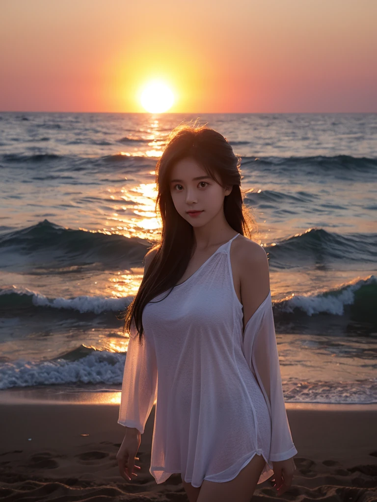 1 Girl,ocean,Backlight,breast,Sunset,3d,Looking at the audience,photoPractical,Practical,Solitary,