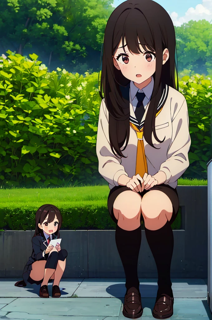 (Three Women:1.5)　,Dark Brown Hair,Black Hair,（Nose Brush:1.7） ,Surprised,Open your mouth,(school uniform),（Panties in full view:1.7),(Extremely high quality),（mini skirt）,Pencil Skirt,nature,garden,Shiny legs, Thighs,Cute face,squat,Wet and see-through