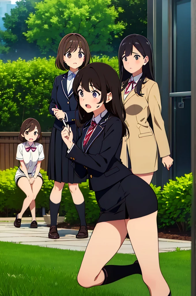 (Three Women:1.5) ,Dark Brown Hair,Black Hair,(Nose Brush:1.7) ,Surprised,Open your mouth,(school uniform),(Panties in full view:1.7),(Extremely high quality),(mini skirt),Pencil Skirt,nature,garden,Shiny legs, Thighs,Cute face,squat,Wet and see-through