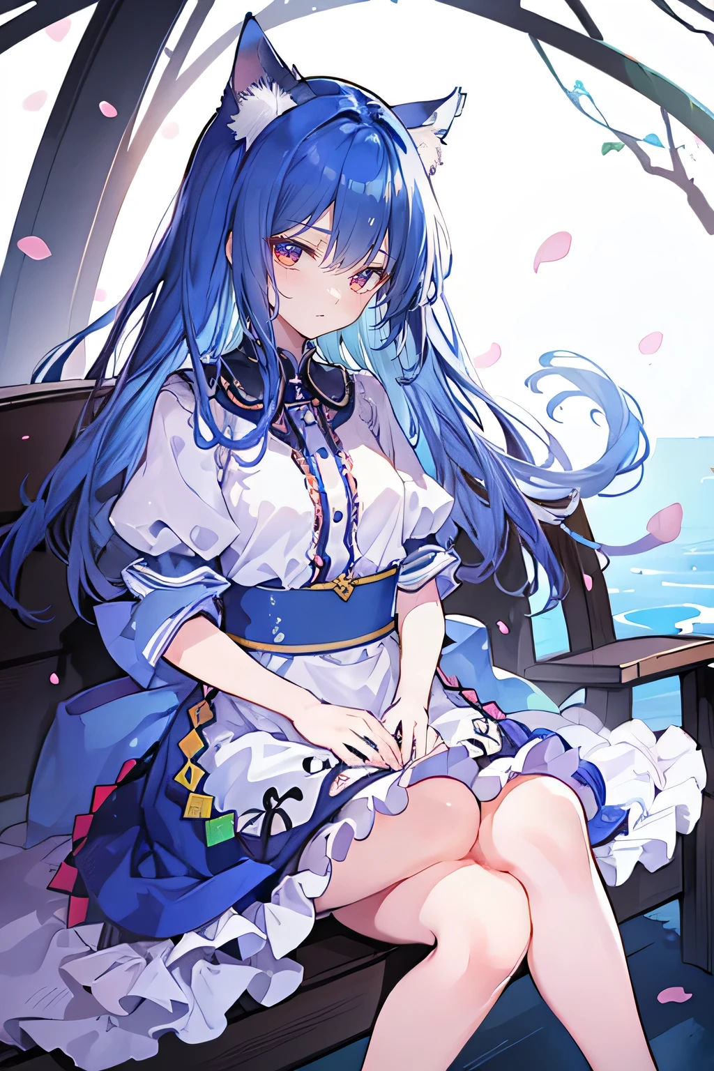 (masterpiece:1.2),Super detailed,lifelike,Expressive eyes,fair skin,perfect face shape,1 girl,
Japanese comics,Gorgeous blue hair,flowing blue hair,flowing clothes,Cat ears,Petals fall,beautiful lola,Baby Angel,
,Cross your legs,Gentle and peaceful background,The pavilion is cool and comfortable,