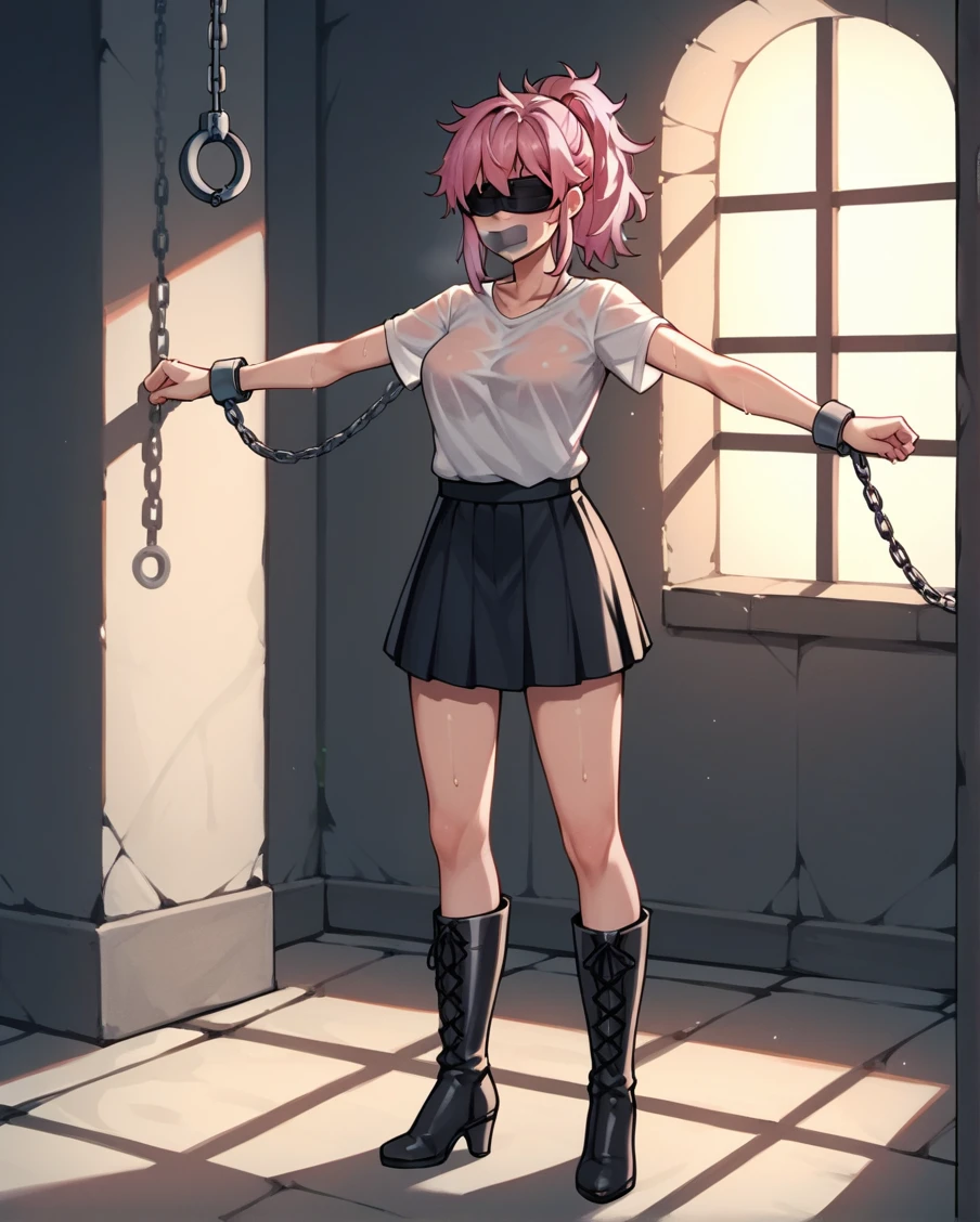 score_9, score_8_up, score_7_up, score_6_up, score_5_up, score_4_up, source_anime, 3woman, bdsm, worth, pink hair, ponytail, blindfold, tape your mouth shut, w-w-chain, shackles, raise arms, messy hair, sweaty shirt, skirt, black thigh boots, night, the solution, dungeon, best quality, best res, 4K UHD,
 