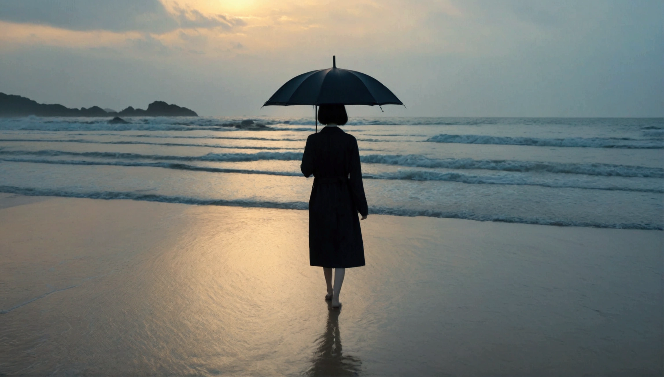 8K, Vivid picture quality, Vivid picture quality, long deserted beach, walking slowly from afar, short medium hair woman, beautiful appearance, body like a female model, sunset의 붉은 빛, sunset, alone, afternoon, depressed, tide가 밀려온다, rain, black umbrella, ocean, tide, wind, Short and slim Korean woman,