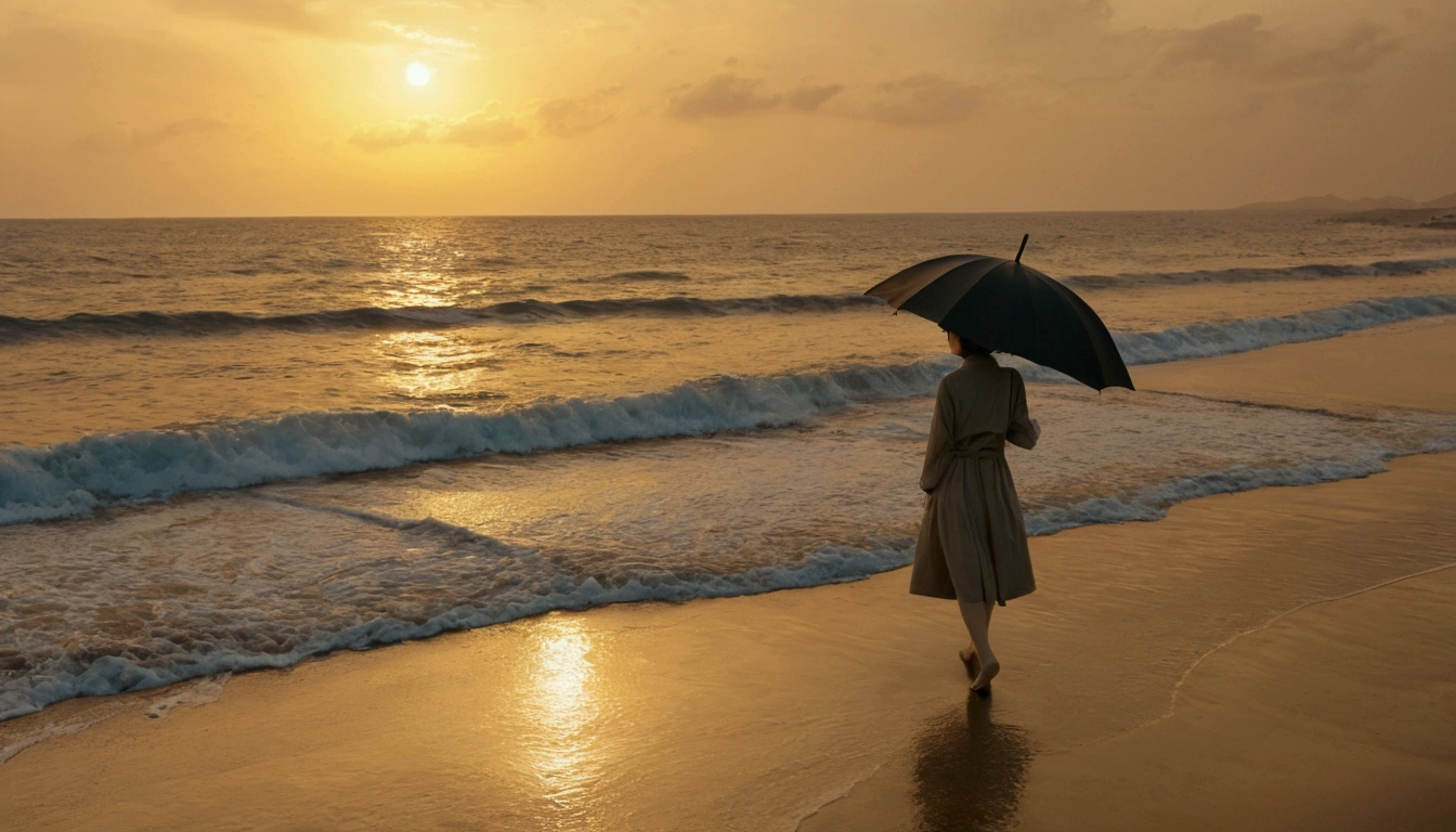 8K, Vivid picture quality, Vivid picture quality, long deserted beach, walking slowly from afar, short medium hair woman, beautiful appearance, body like a female model, sunset의 붉은 빛, sunset, alone, afternoon, depressed, tide가 밀려온다, rain, black umbrella, ocean, tide, wind, Short and slim Korean woman,