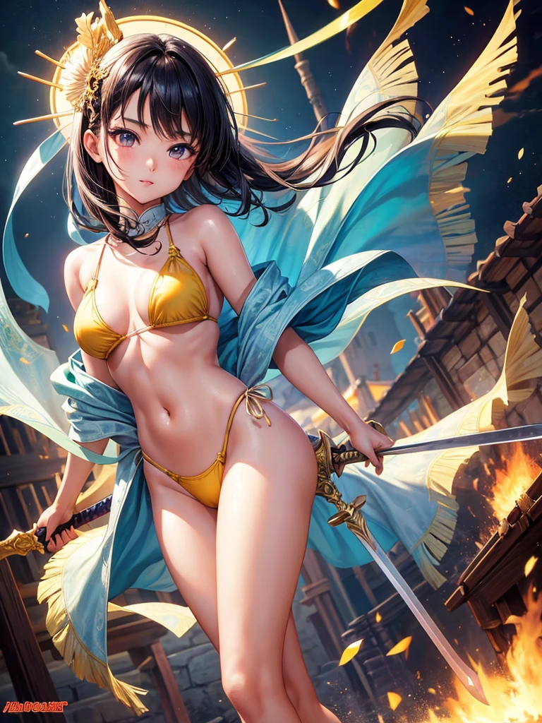 Beautiful Asian girl, 18 years old, light bikini knight girls, sexy lady, medium breasts, camel toe, long sword,