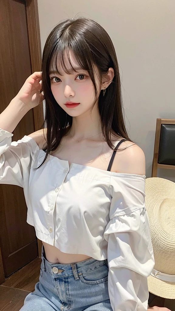 absurdres, RAW photo, extremely delicate and beautiful, masterpiece, Best Quality, ultra high resolution, 32k, hyperrealistic, ultra-detailed, perfect figure, Perfect Style, Perfect balance, in her 20s, very small head, very small face, delicate facial features, tearful mole, earring, very huge breasts, bare legs, full body shot, medium hair, black hair, colored inner hair, casual, blouse, white shirt, buttoned shirt, bare shoulders, collarbone, midriff, navel, shorts, straw hat,