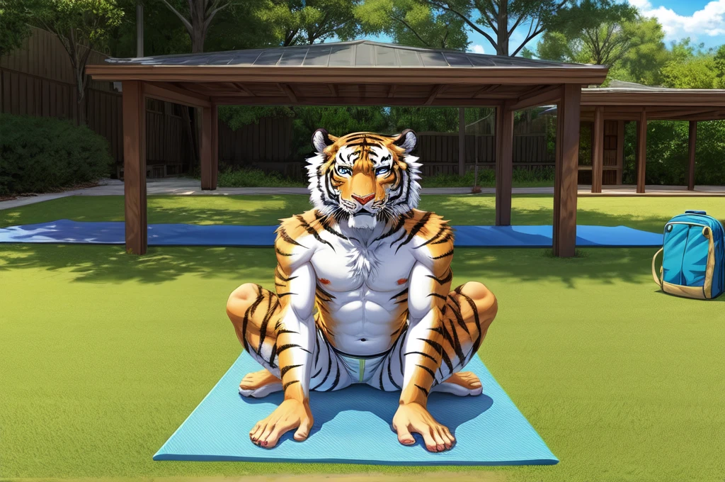(((Barefoot furry character, full body, cinematic setting, tiger male, plantigrade))), practicing yoga outdoors, the Bow Pose (Dhanurasana). (((lying on stomach on a yoga mat))), with their knees bent and feet lifted towards the ceiling. holding ankles with hands, creating an arch with their body. chest lifted off the ground, looking forward, nice feet paws, front POV, correct anatomy, anime.