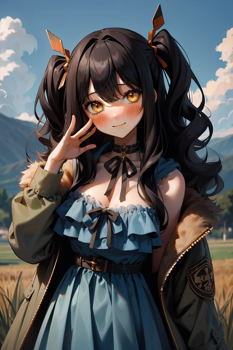 (masterpiece:1.2), (high quality:1.2), girls with((1girl, solo, black hair, yellow eyes, (wavy long hair, one side up:1.3), blush, breasts, choker, cleavage, coat, cowboy shot, blue lace dress, black ribbon belt, red bow, red ribbon, neck ribbon, fur, khaki jacket, hood down, hooded coat, hooded jacket, hoodie, jacket, large breasts, long hair, long sleeves, medium breasts, open clothes, open coat,open hoodie, sleeveless, winter clothes, zipper, cleavage, upper body, hand up, waving, palm)), background with((architecture, blue sky, bush, castle, village, no humans, cloud, cloudy sky, day, field, garden, grass, hill, house, lamppost, landscape, mountain, mountainous horizon, nature, no humans, outdoors, scenery, shrine, sky))