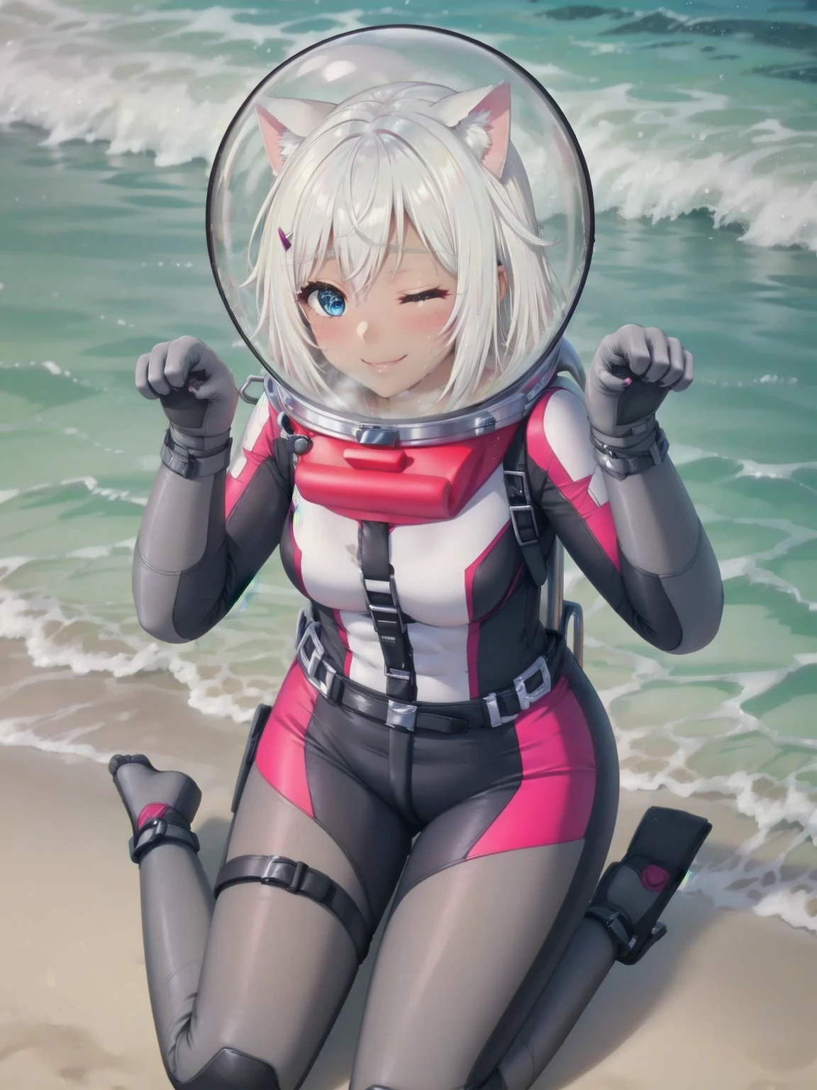 Highly detailed CG, 8k_wallpaper, top quality, masterpiece, higher eyes and nose, very delicate and beautiful, beautiful, detailed, very detailed, intricate, photorealistic, very detailed, (blue eyes: 1), (beautiful hands) , (beautiful fingers ), , (flat chest1.5), necklace (water:1.3), beach, (abs:1.3), (messy hair:1.5), (leaning forward:1), staring audience, (smile:1.3), (one eye closed:1.2), (sweating), (beautiful toes), (:1.5), (1female), (ash white hair:1.5),(middle hair:1 ), (dark skin: 1.4), (thigh girth: 1.3), beautiful, narrow waist, white thigh highs, skin curve, narrow waist, thighs, wide hips, eyeliner, eyelashes, perfect face, detailed eyes, (dark skin : 1.5),,,swimsuit, space helmet, CAT EARS, bubble helmet, eva helmet, WHITE BODYSUIT, FROM BELOW, (PAW POSE:1.5)