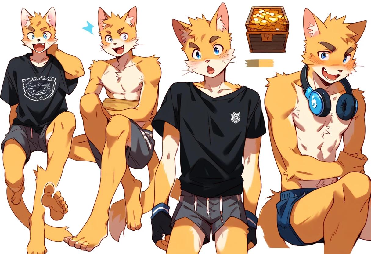 score_9, score_8_up, score_7_up, male, furry, high quality, hires, anthro, teenager, 16 years old, domestic cat, bright yellow fur, blue eyes, wide brown eyebrows, an excited expression, humanoid feet, slim body, prominent v-line, prominent abs, prominent legs, prominent forearm, prominent knees, white background, treasure trail, armpit hair, furry legs, headphones, shorts, black shirt, showing off, in various sexy poses