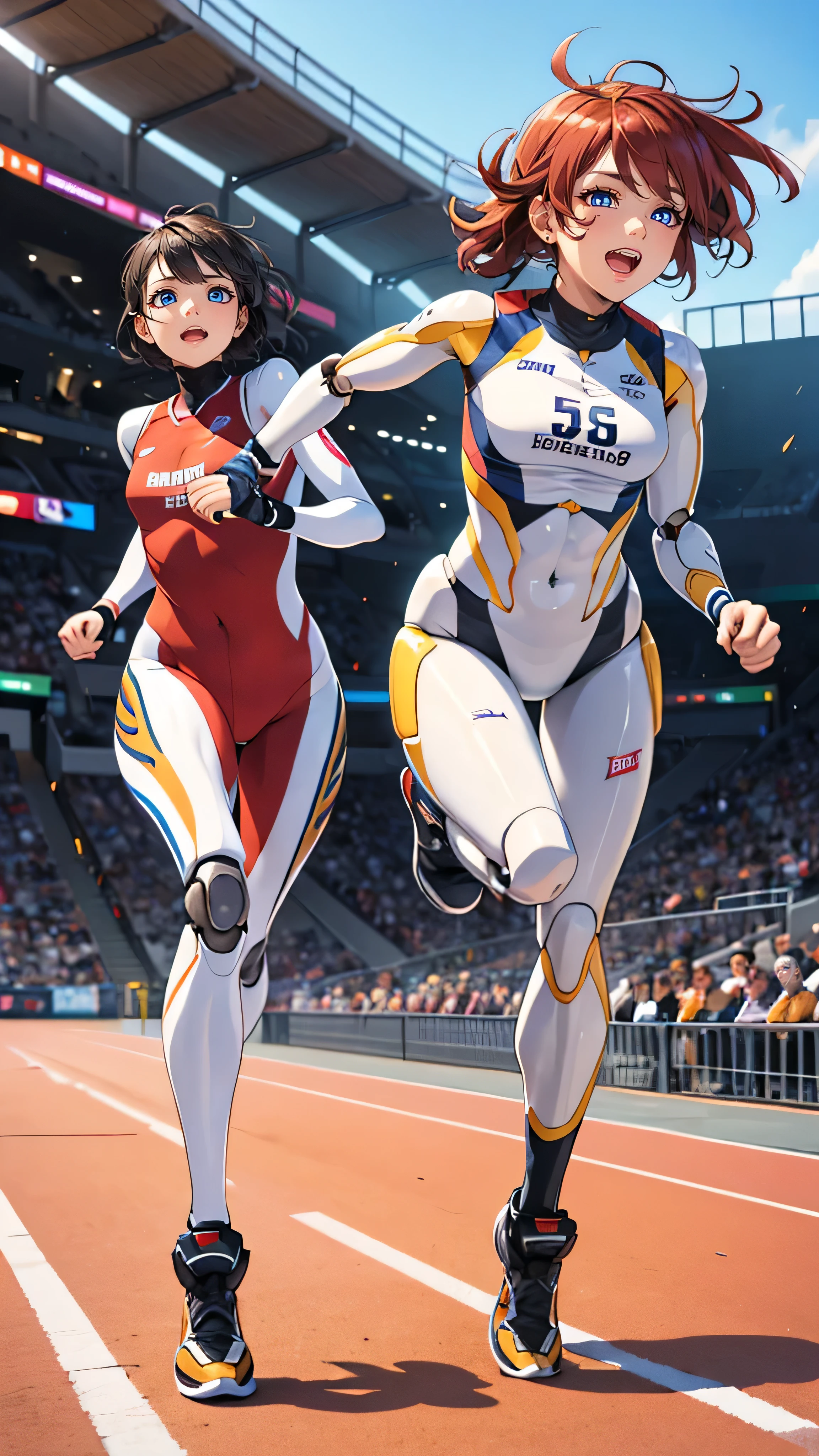 (best quality:1.3), Ultra Detailed, sharp focus, full color, (super fine-illustration:1.0),  (correct anatomy, correct proportions:1.3), 
 (1 Humanoid Robot girl:1.0), slim body, long legs, athlete style, medium breaths, shiny skin, (exposed skin:1.0), (loud laughter:1.1), (navel:0.7), Sheer, (athlete clothes:0.5),
 (dynamic pose:1.2), running hard on Arena, arena, outdoors, full body shot,