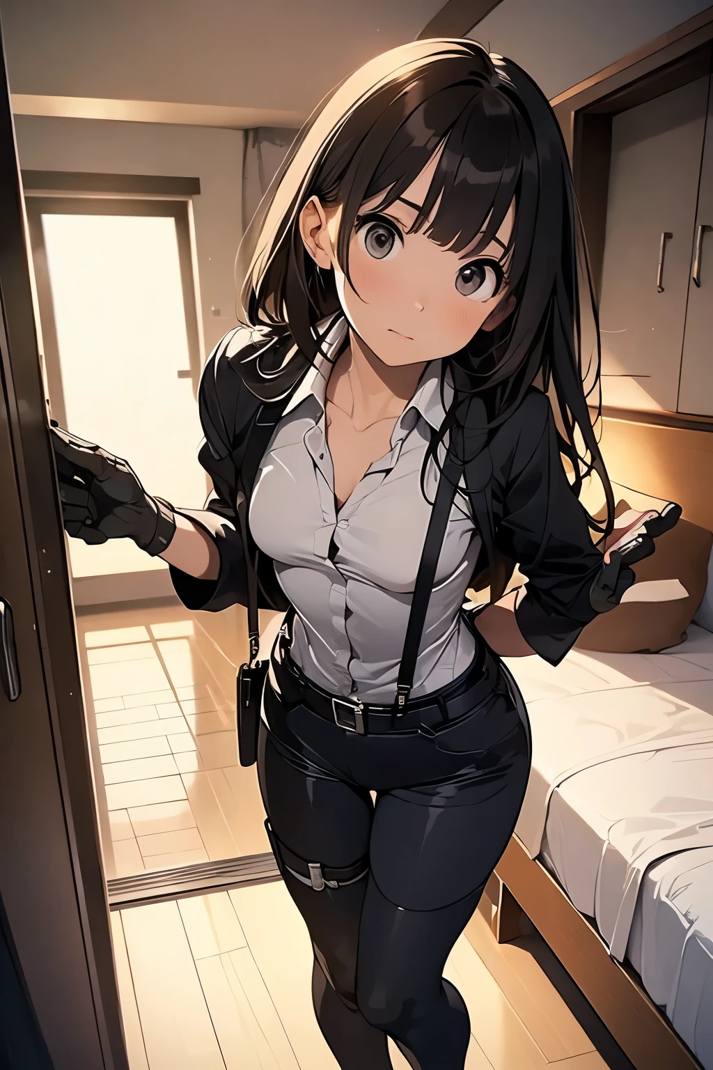1 female, , high quality, masterpiece, Ultra-high resolution, , Cinema Lighting, , , And the suspenders with the cranes flying Moderate breasts Small face holster Lying in bed Looking up Sweat belt summer 脇Sweat Black Hole Gloves suit shirt Black jacket Black trousers Leg Links ズボンにbelt holster Hands behind your back Anxious expression Looking up Anxious face, legs apart
