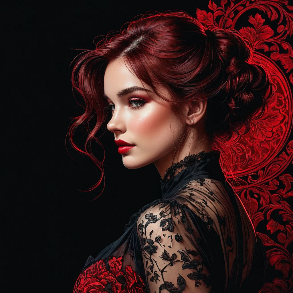 posters, close up, whole body, arte das eyeshadows, red contour drawn on a dark black background, Red outline silhouette, loose hair, silhouette of a beautiful young woman, perfect physique, thin and graceful shapes, charming modesty, perfection in a tight black silk dress, 8k resolution, lateral view, eyeshadows, uncanny, Style of Jean Baptiste Monge, thomas kinkade, David Palumbo, Carne Griffiths.
