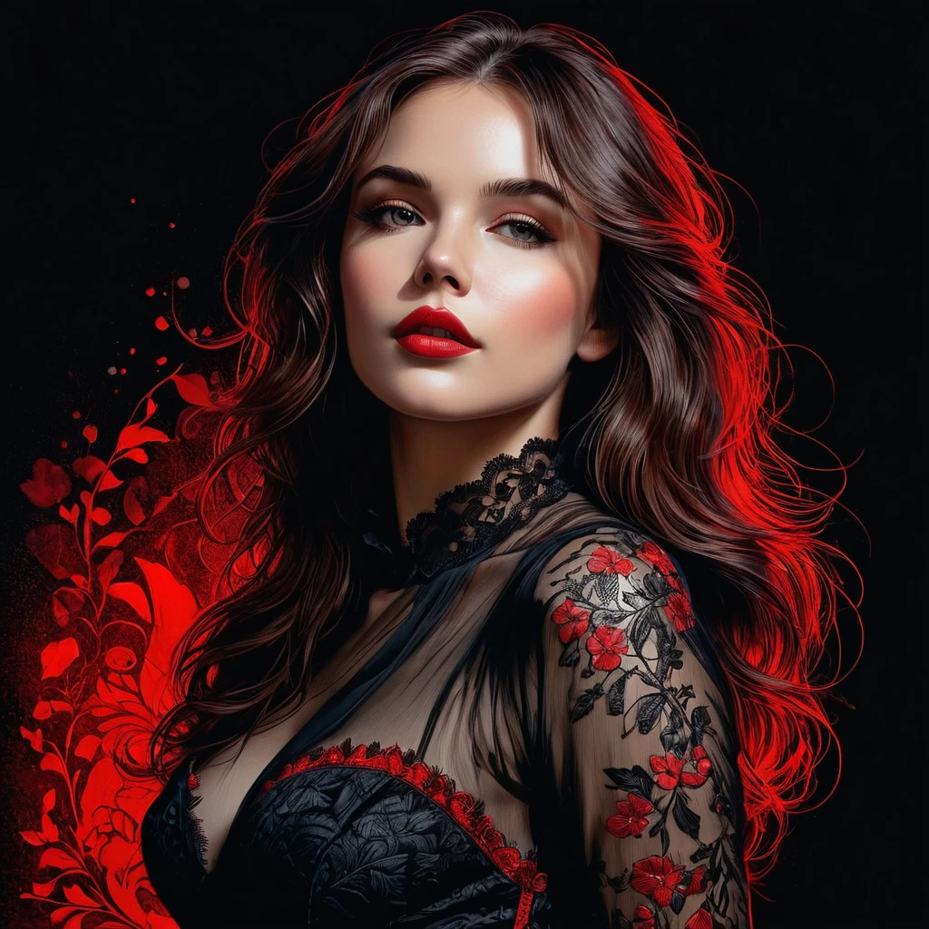posters, close up, whole body, arte das eyeshadows, red contour drawn on a dark black background, Red outline silhouette, loose hair, silhouette of a beautiful young woman, perfect physique, thin and graceful shapes, charming modesty, perfection in a tight black silk dress, 8k resolution, lateral view, eyeshadows, uncanny, Style of Jean Baptiste Monge, thomas kinkade, David Palumbo, Carne Griffiths.
