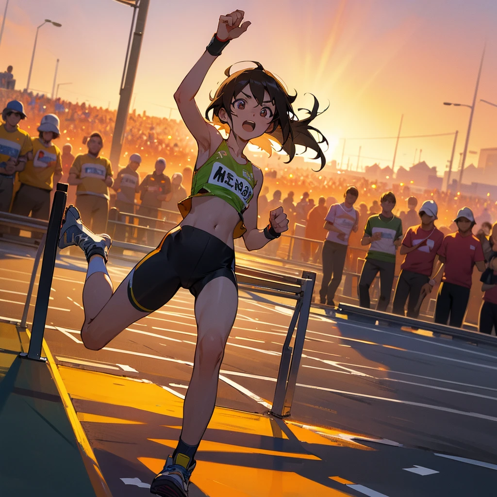  [High quality] [masterpiece] [mind blowing]  "A lone marathon runner crossing the finish line at sunset, with a triumphant expression on their face and a crowd cheering in the background."