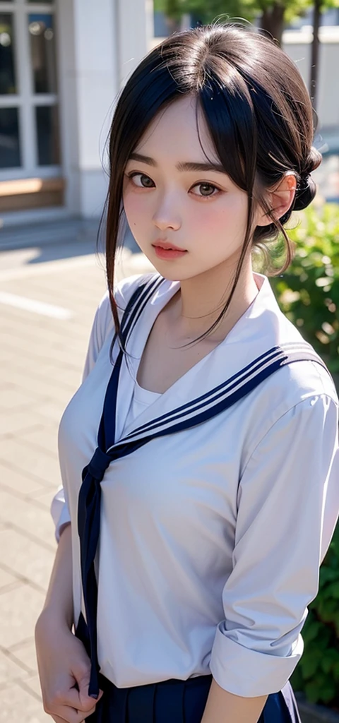 (1 nogizaka girl,15years old face,raw photo,photo realistic:1.5),(best quality, high quality,HDR, highest quality,ultra high resolution,high resolution,high res,ultra high difinition,huge file size,8K,2K wallpaper,8K wallpaper,high quality texture,amazing,an extremely delicate:1.4),one girl, Japanese famous idol,cute face,small face,absurd,ridiculous,incredibly ridiculous,blurry background,(school uniform,sailor suit,short hair,cleavage,no makeup:1.2),medium skin,beautiful skin,detailed skin,black hair,silky hair,black eyes,Japanese nose,5-fingers,(Light Particles, Lens Flare, Luminous Particles: 0.7),looking at viewer,small hands,bright lighting,professional lighting,girl