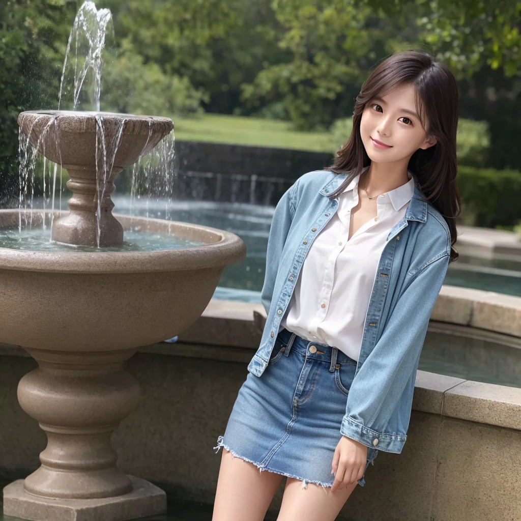 HD detailed, Super detailed, Realistic,Hyperrealism,Best image quality、Highest quality、masterpiece、Ultra-high resolution、8K、immature、Like the picture:1.5、Professional Lighting、Park fountain、Young Japanese Woman,Small face、Stylish、、Slender、、A kind smile、Wear a denim long-sleeve shirt with buttoned collar and a denim skirt、Soaked clothes、Damp clothes、View from the side