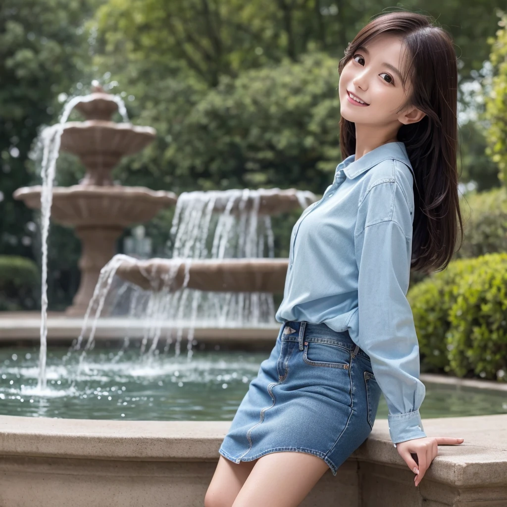 HD detailed, Super detailed, Realistic,Hyperrealism,Best image quality、Highest quality、masterpiece、Ultra-high resolution、8K、immature、Like the picture:1.5、Professional Lighting、Park fountain、Young Japanese Woman,Small face、Stylish、、Slender、、A kind smile、Wear a denim long-sleeve shirt with buttoned collar and a denim skirt、Soaked clothes、Damp clothes、View from the side