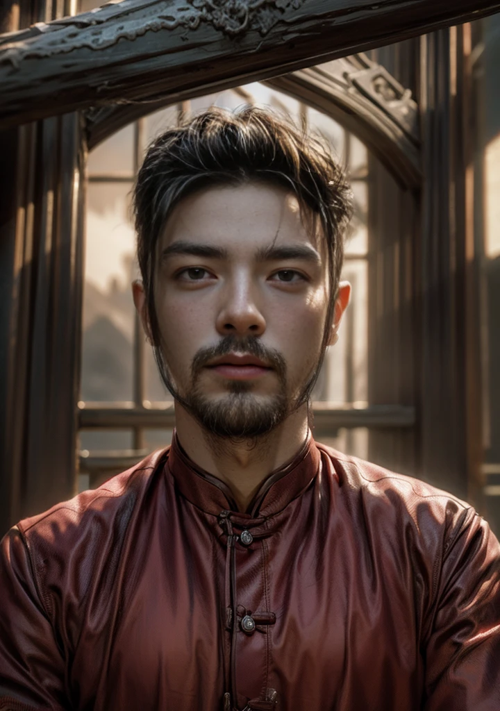 ((Masterpiece, Top Quality, High Resolution, Photorealistic, Raw, 8K wallpaper)), A male swordsman in Chinese clothes, Hero of the Three Kingdoms, (A large sword is held in both hands), He has black hair tied back, wears iron armor and a red cape, Surrounded by enemy soldiers with a burning city in the background,