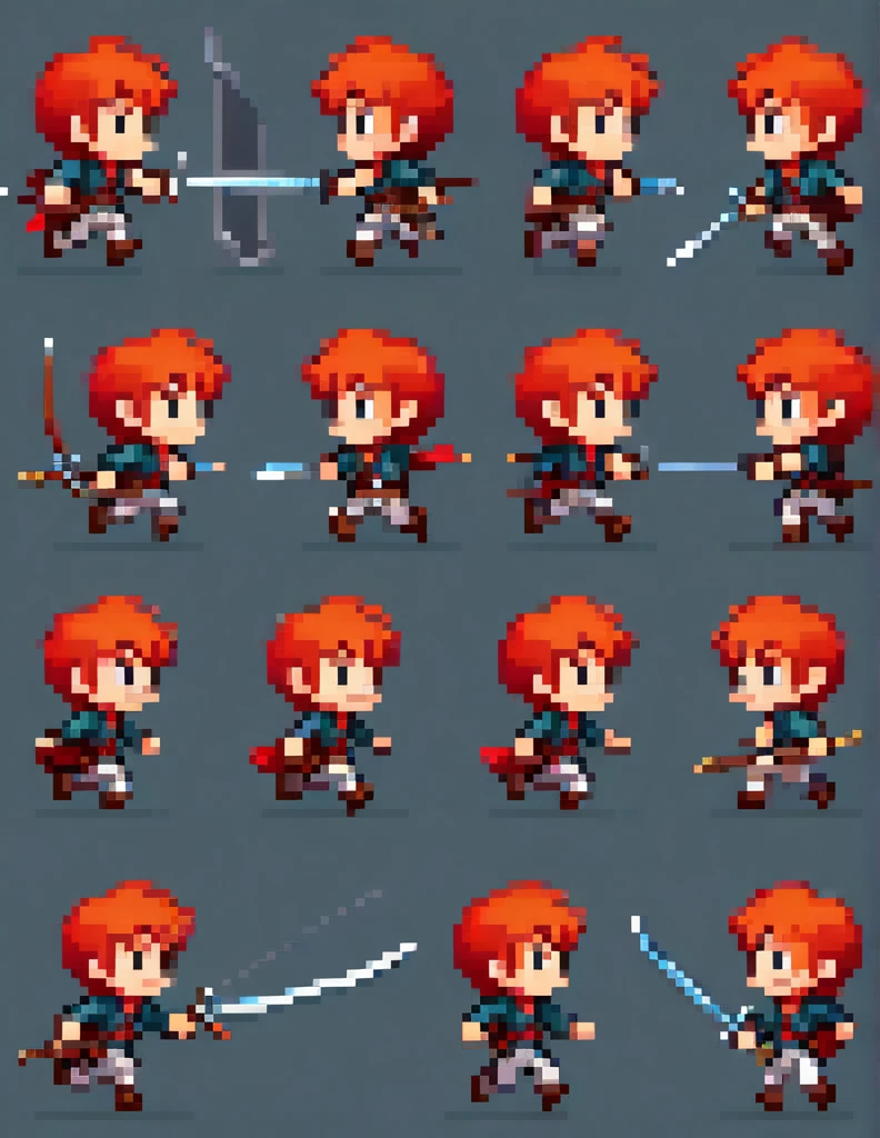 Create a sprite sheet for character animations that includes frames for movement, running, jumping, sword attack, spear attack, and bow attack. Mas o personagem é um menino de cabelo vermelho cor de pele branca e olhos vermelhos com uma pequena mochila nas costas