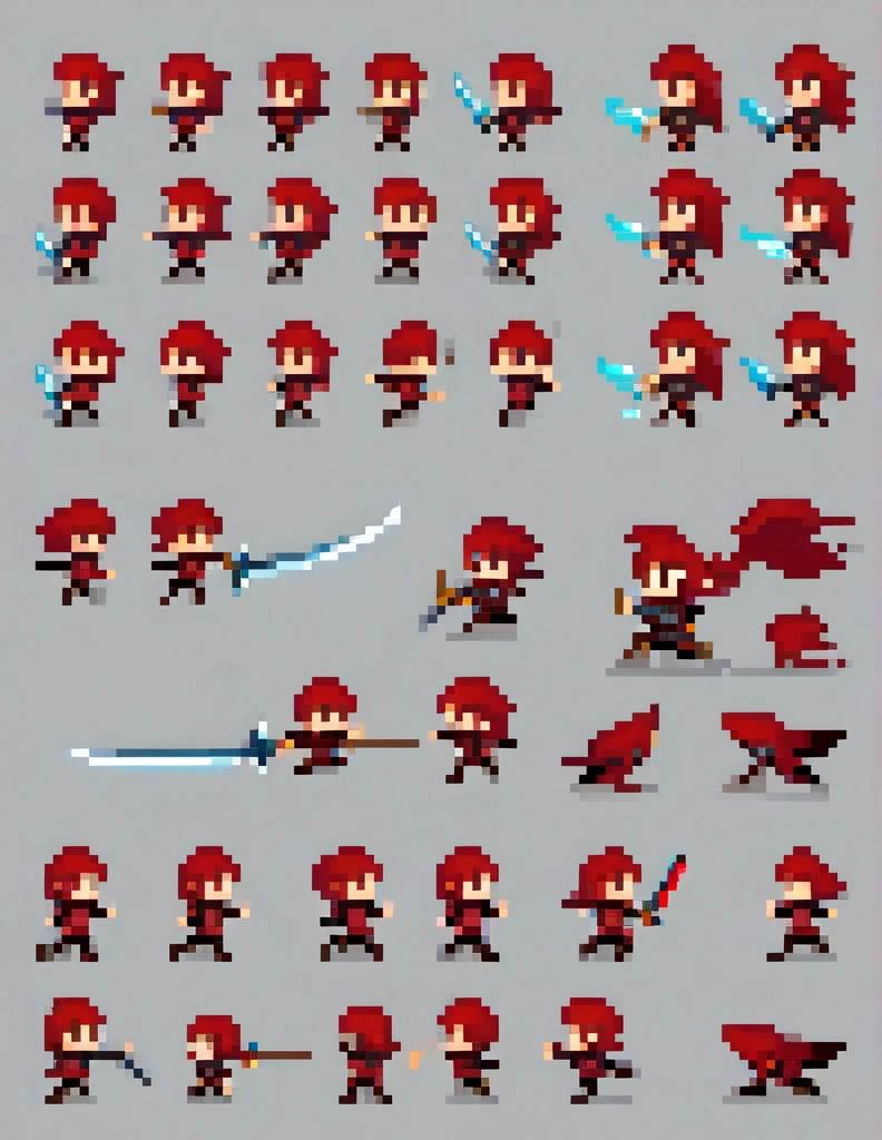 Create a sprite sheet for character animations that includes frames for movement, running, jumping, sword attack, spear attack, and bow attack. Mas o personagem é um menino de cabelo vermelho cor de pele branca e olhos vermelhos com uma pequena mochila nas costas