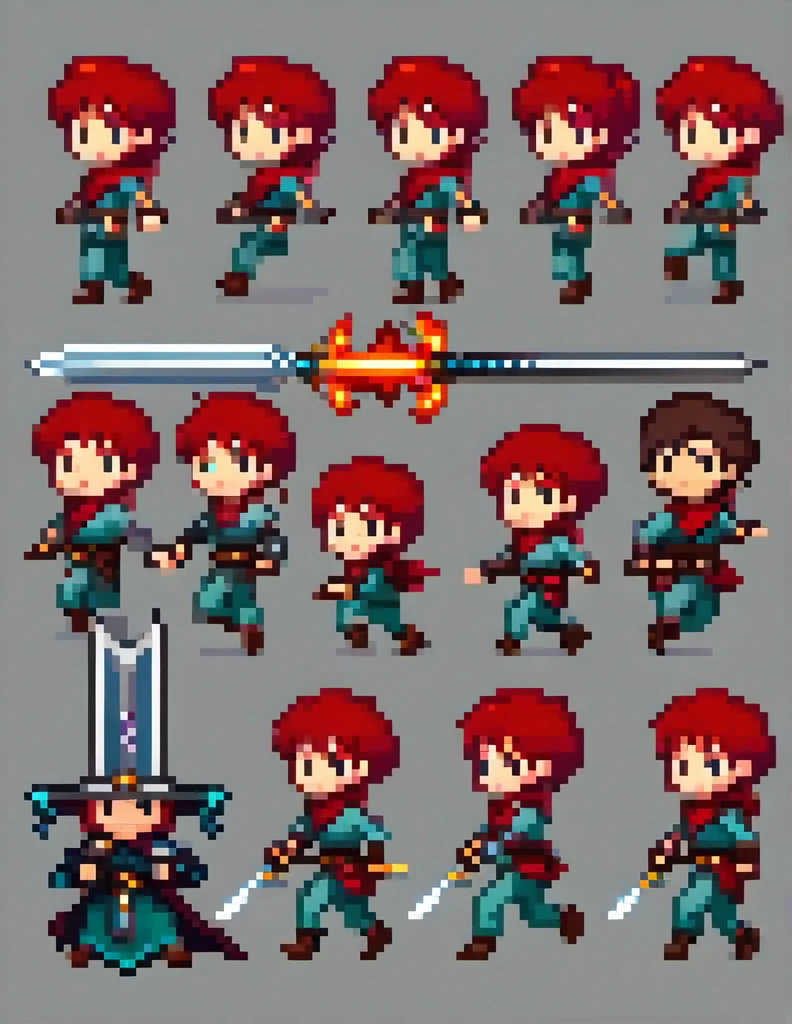 Create a sprite sheet for character animations that includes frames for movement, running, jumping, sword attack, spear attack, and bow attack. Mas o personagem é um  de cabelo vermelho cor de pele branca e olhos vermelhos com uma pequena mochila nas costas