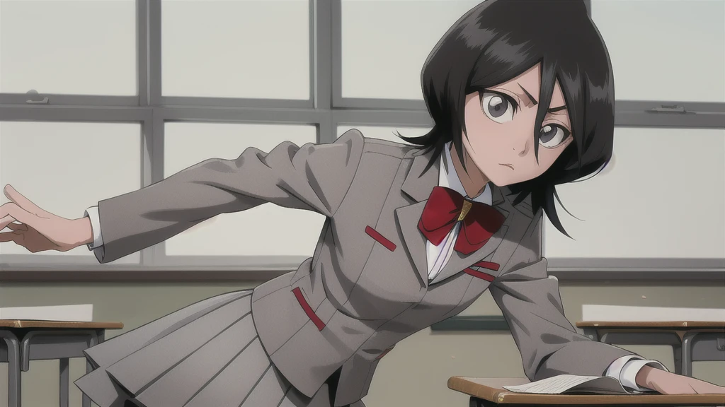 masterpiece, Highest quality, Cutchikirkia１People only, bow tie, Grey blazer, Grey Skirt, School, classroom, Cowboy Shot,