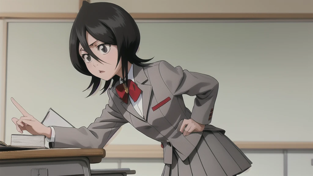 masterpiece, Highest quality, Cutchikirkia1People only, bow tie, Grey blazer, Grey Skirt, School, classroom, Cowboy Shot,