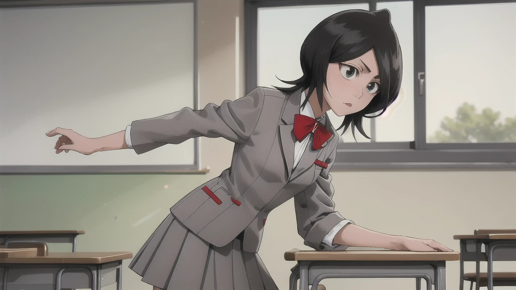 masterpiece, Highest quality, Cutchikirkia1People only, bow tie, Grey blazer, Grey Skirt, School, classroom, Cowboy Shot,