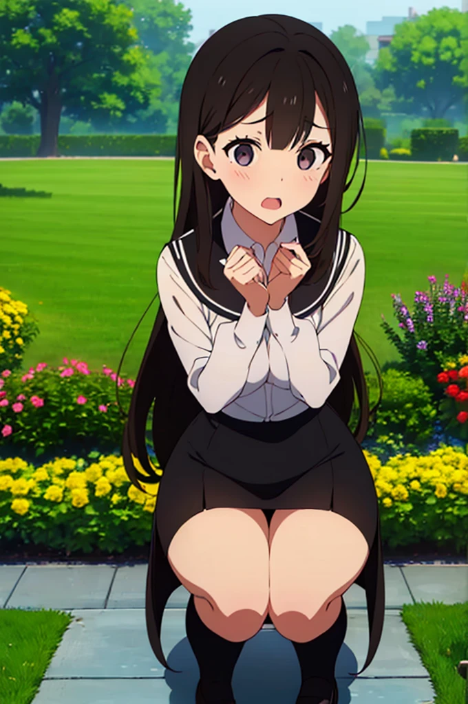 (Three Women:1.5) ,Dark Brown Hair,Black Hair,(Nose Brush:1.7) ,Surprised,Open your mouth,(school uniform),(Panties in full view:1.7),(Extremely high quality),(mini skirt),Pencil Skirt,nature,garden,Shiny legs, Thighs,Cute face,squat,Wet and see-through