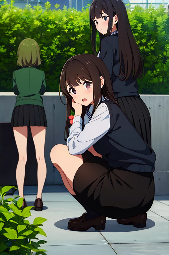(Three Women:1.5)　,Dark Brown Hair,Black Hair,（Nose Brush:1.7） ,Surprised,Open your mouth,(school uniform),（Panties in full view:1.7),(Extremely high quality),（mini skirt）,Pencil Skirt,nature,garden,Shiny legs, Thighs,Cute face,squat,Wet and see-through