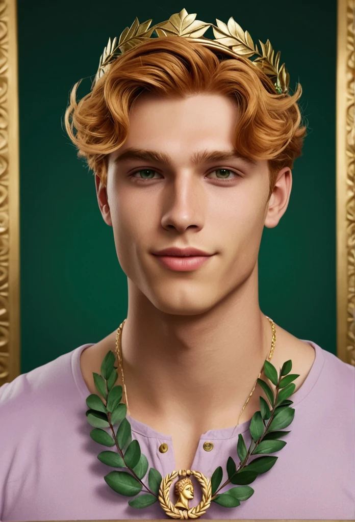 Generate an extremely sexy man, athletic, cute and realistic 18 year old. He has light red hair, almost blonde, sem beard, short in stature, muscular and manly. He is wearing a small golden laurel wreath, but very elegant, and her hair is short and slightly messy. Her big eyes are emerald green, rosy cheeks, your skin is very tanned and your lips are big and smiling.. He is wearing a lilac royal outfit with green and gold details in an elegant Greek-inspired setting.