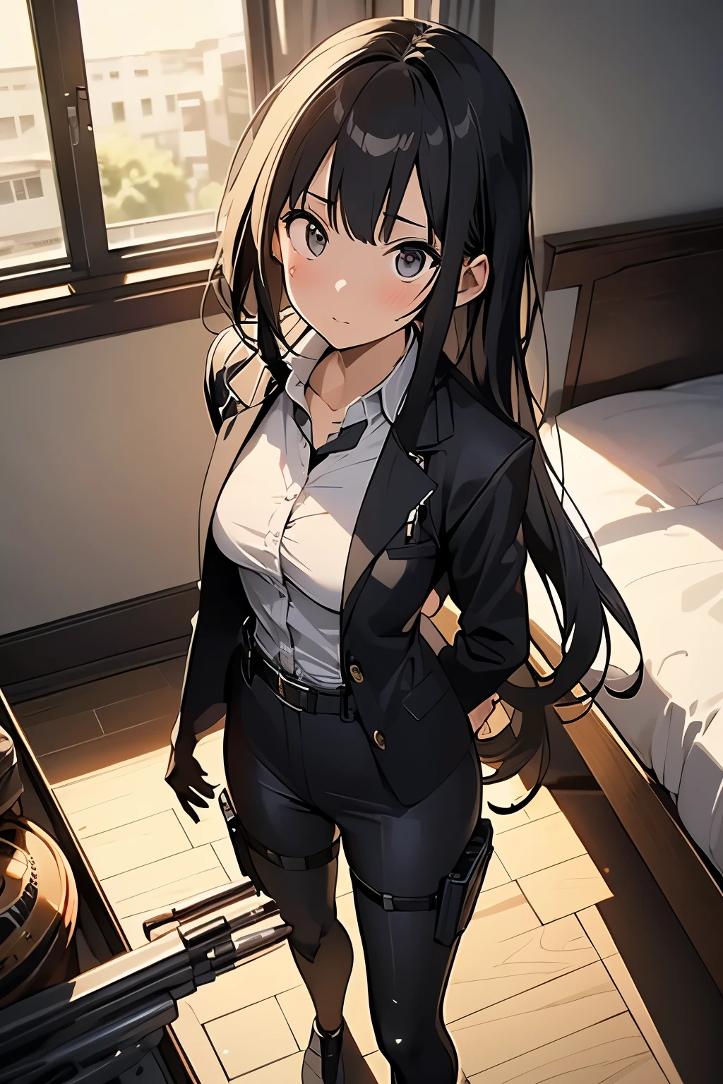 1 female, , high quality, masterpiece, Ultra-high resolution, , Cinema Lighting, , , And the suspenders with the cranes flying Moderate breasts Small face holster Lying in bed Looking up Sweat belt summer 脇Sweat Black Hole Gloves suit shirt Black jacket Black trousers Leg Links ズボンにbelt holster Hands behind your back Anxious expression Looking up Anxious face, legs apart