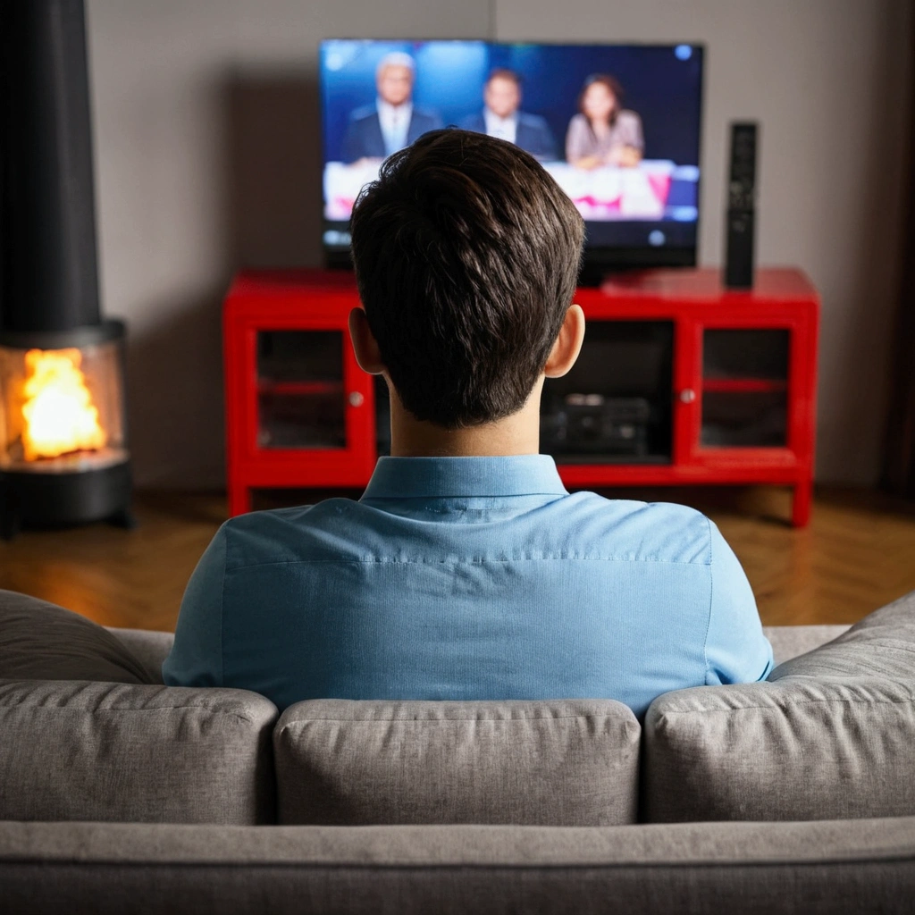 A guy is watching tv, siting in sofa, back view