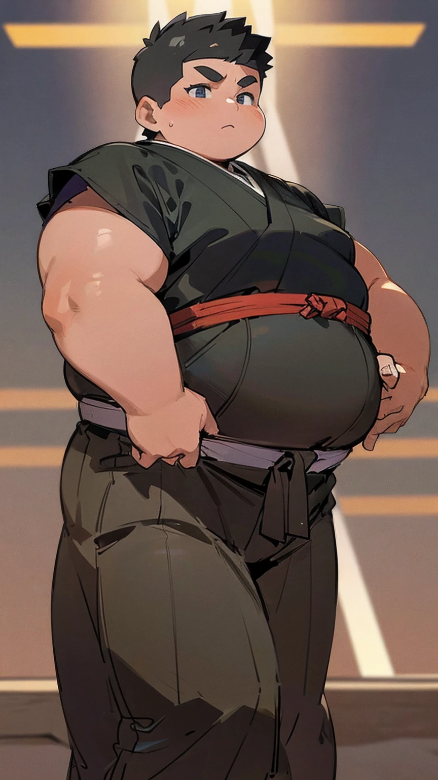 ((androgynous)), beautiful, (very short hair), (pudgy face), (thick), (cute), ((boyish)), (chubby), belly, muscular, (beefy), (cool), (sexly), (Hakama), (shaved sides), (Black Hair), (warrior), (Han-like)