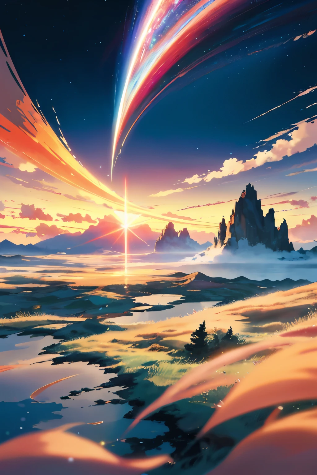 Anime Landscape: In the tranquility of twilight, a pearl-super Polar white hypercar prototype gracefully glimmers amidst a vast field of tall, swaying grass. A breathtaking sunset paints the sky with hues of pink, orange, and purple, casting a warm, gentle glow on the serene scene. This captivating anime landscape, reminiscent of the artistry of Makoto Shinkai and Cyril Rolando, would make an exquisite wallpaper in 8K resolution, offering an artistic anime background that is both beautiful and amazing, transcending the boundaries of a simple anime art 4K wallpaper.