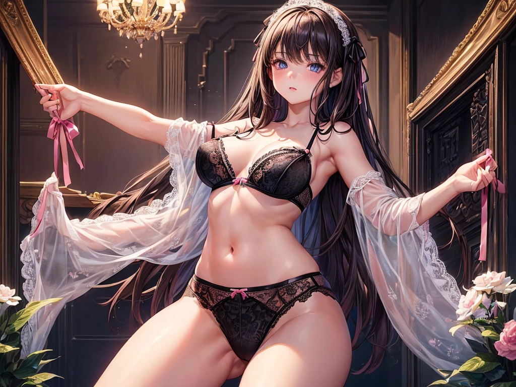 (((depict young girl in lace lingerie))), (((top-quality, masterpiece))), hi-school girl, in ((underwear only)), ((cute black lingerie with lot of details)), (pink ribbons on lingerie), straight brown hair, deep blue eyes, small , nice hips, open shoulder,
she tries on in a store