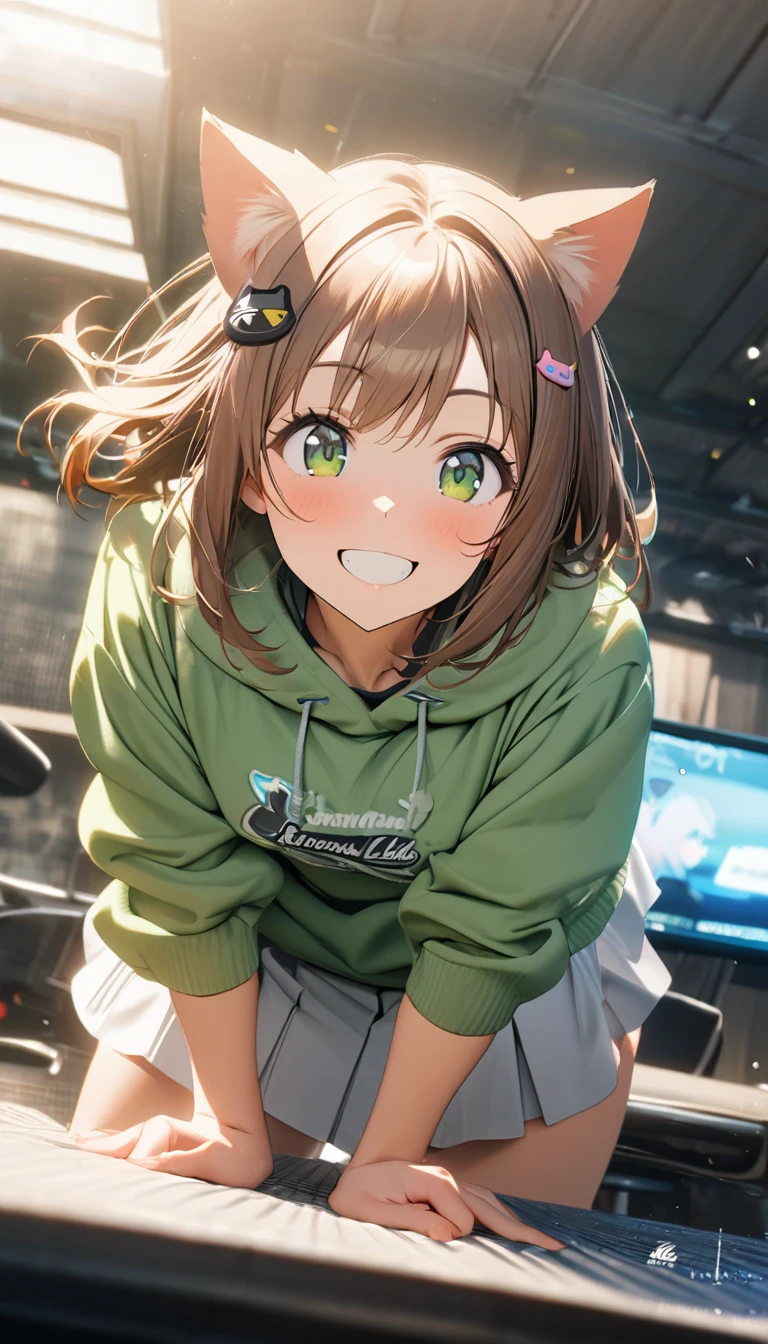 1girl,brown short straight hair,green eyes,cat ears accessory,,white blazer on top with logo,green fluffy hoodie,white skirt,perfect lean body, enthusiastic smile ,8k,high definition