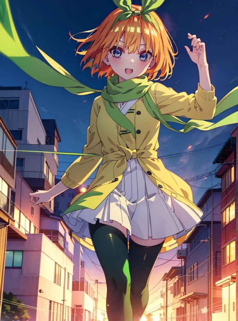 Yotsubanakano, Yotsuba Nakano, bangs, short hair, blue eyes, Hair between the eyes, hair ribbon, hair band, Orange Hair, (Green ribbon:1.5), smile,Green long coat,sweater,White scarf,Long skirt,Black pantyhose,short boots,It's snowing,Snow is piled up,Walking,whole bodyがイラストに入るように,night,
break ourdoors, In town,
break looking at viewer, whole body,
break (masterpiece:1.2), Highest quality, High resolution, unity 8k wallpaper, (figure:0.8), (Beautiful attention to detail:1.6), Highly detailed face, Perfect lighting, Highly detailed CG, (Perfect hands, Perfect Anatomy),
