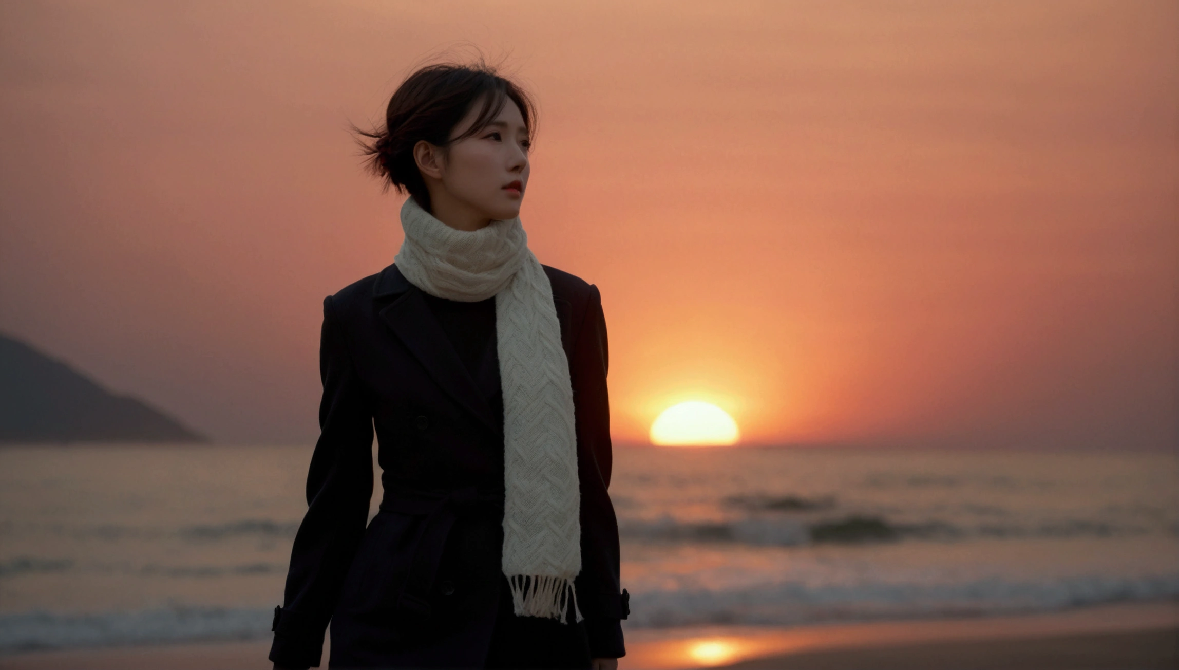 8K, 超high resolution, best quality, masterpiece, 1 woman, (36 years old:1.3), Korean woman,(wearing a long winter coat and scarf、turtleneck, Thin black double sided updo :1.5)、(The woman turned around with a very sad expression., 겨울 해변에서 바람에 휘날리는 short medium hair, her hair blowing in the wind:1.5)、(blurred background:1.5)、(red sky at sunset:1.5)、(complete anatomy:1.5) (full finger:1.3)、realistic、Life drawing、high resolution、beautiful details、((thin legs))、red light of sunset, light and shadow, short medium hair,1 female camera 16-35 wide angle lens, Full body shot walking on the beach, black skirt, hair that touches the shoulders, standing on the beach