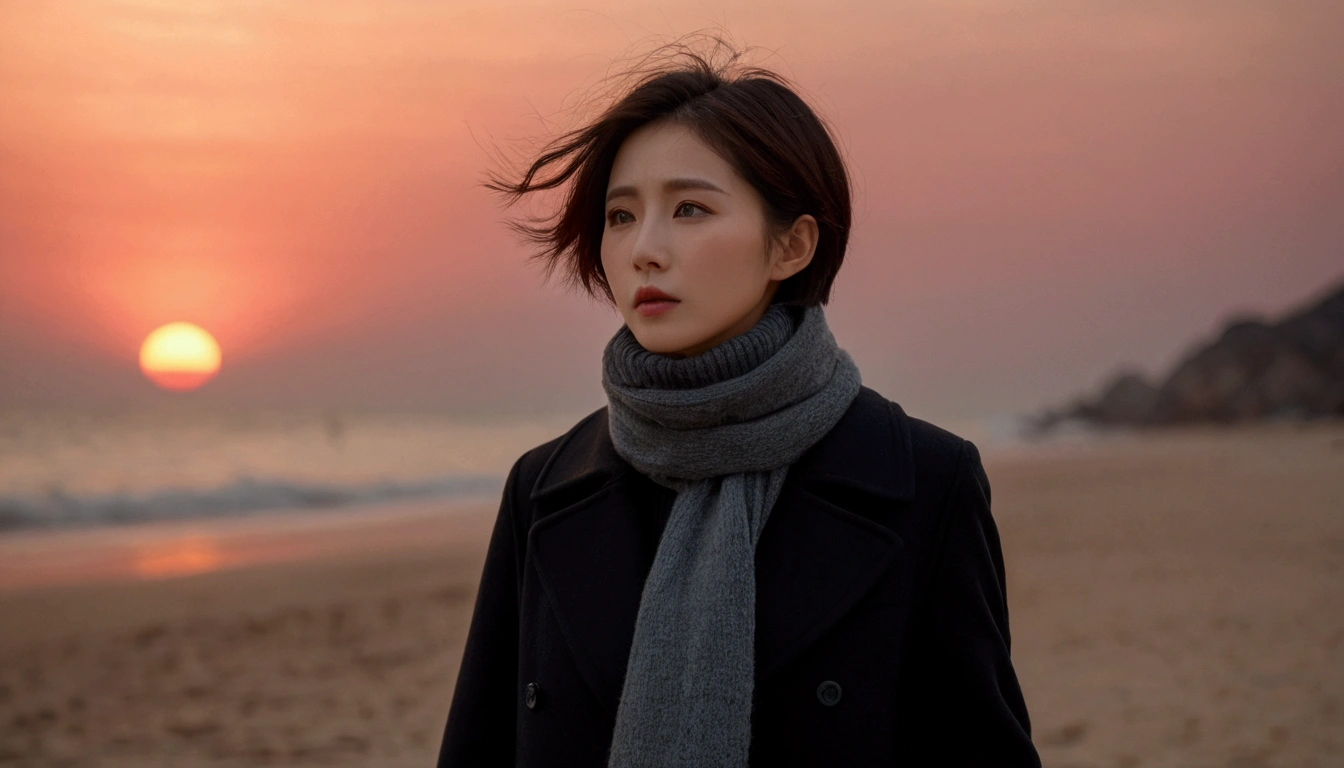 8K, 超high resolution, best quality, masterpiece, 1 woman, (36 years old:1.3), Korean woman,(wearing a long winter coat and scarf、turtleneck, Thin black double sided updo :1.5)、(The woman turned around with a very sad expression., 겨울 해변에서 바람에 휘날리는 short medium hair, her hair blowing in the wind:1.5)、(blurred background:1.5)、(red sky at sunset:1.5)、(complete anatomy:1.5) (full finger:1.3)、realistic、Life drawing、high resolution、beautiful details、((thin legs))、red light of sunset, light and shadow, short medium hair,1 female camera 16-35 wide angle lens, Full body shot walking on the beach, black skirt, hair that touches the shoulders, standing on the beach