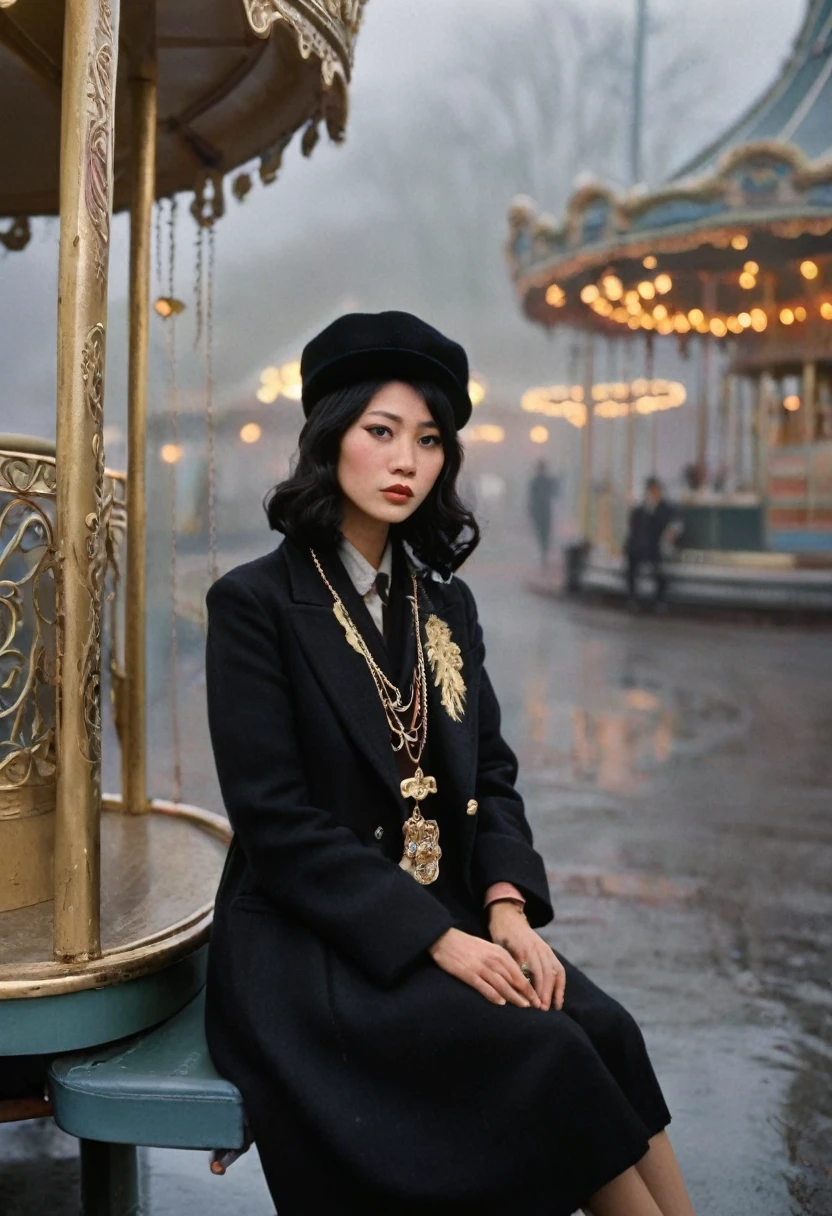 A young japanese supermodel woman, her wavy black hair and black eyes sitting before the vintage swinger in an old amusement park on a foggy morning, donned in a flowing black coat with intricate gold embroidery and a matching cap embellished by a delicate silver charm, captures a memorable pose for the vintage film camera angled above, the scene exuding drama and mystery.