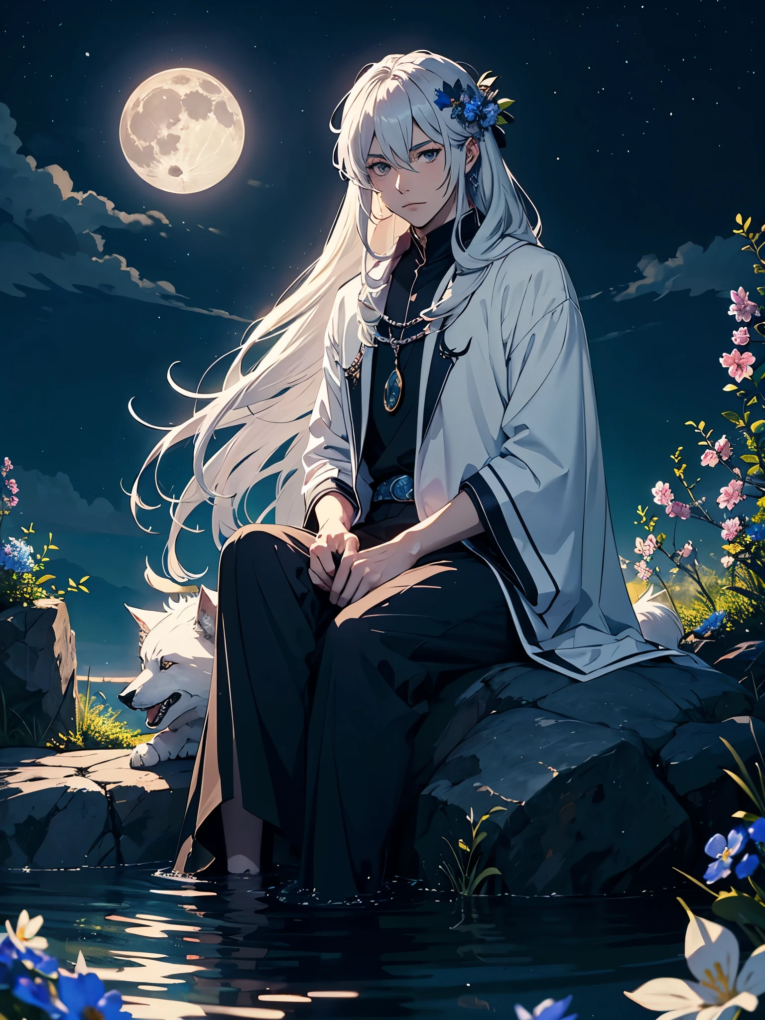Big Wolf. day lights. More anime. light blue light. Bright bright light. magical. Moon. Sitting on a big white wolf. Lightening flowers. More anime. male. Blue flowers. Long hair. long white hair. aquatic, boy, God of the Moon, silver hair accessories, White hair.