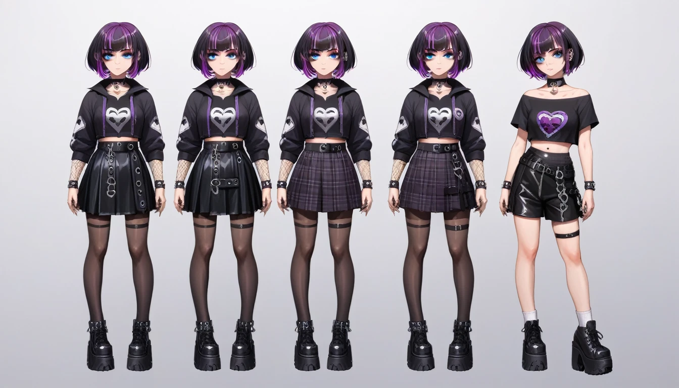 Solo, score_9,score_8_up,score_7_up, source_girl, goth girl, age female, black hair, goth style hair, black spandex shorts, 1.3, goth makeup, plaid skirt and fishnet, wearing goth clothes, goth, emo, goth outfit, standing, solo, full body, blue eyes, black clothes, (short hair), character design, character sheet, (purple highlights), Black and purple hair,