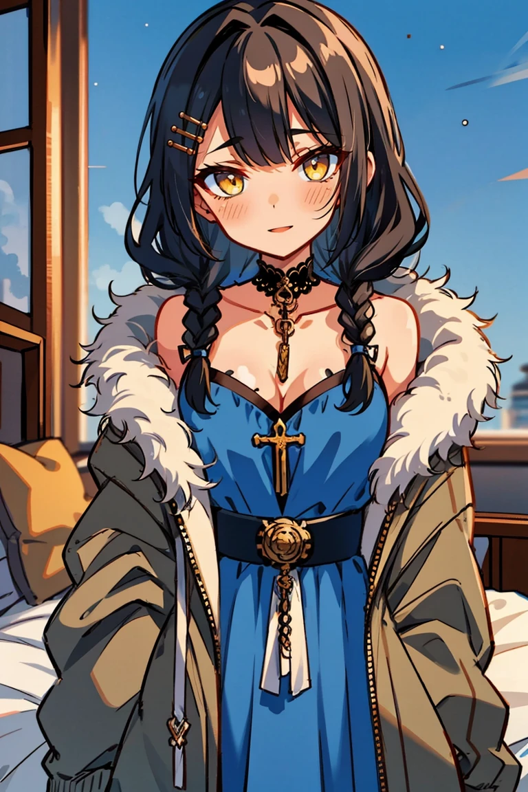 (masterpiece:1.2), (high quality:1.2), (hui xiyi:0.7), rekkyo sensen, rekkyou sensen, chibi, girls with((1girl, solo, black hair, yellow eyes, (wavy medium hair, braids, hairclips:1.3), blush, breasts, choker, cleavage, coat, cowboy shot, blue dress, ribbon waist belt, collar, collarbone, rosary, rosary choker, cross, fur, fur trim, parka, khaki hoodie, green hoodie, khaki jacket, hood down, hooded coat, hooded jacket, hoodie, jacket, large breasts, long sleeves, medium breasts, open clothes, open coat,open hoodie, sleeveless, winter clothes, zipper, cleavage, upper body, hand up, waving, palm)), background with((bedroom, sky:2.0))